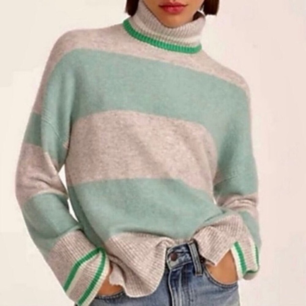 J. Crew Striped Turtleneck Sweater in Supersoft Yarn Wool Blend Mint Green Gray